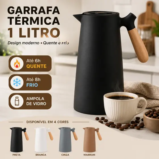 Garrafa Térmica Ecowood Veneza 1 Litro com Ampola de Vidro, Tampa Clique Rápido e Cabo de Madeira