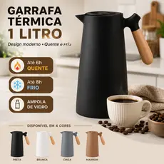 Garrafa Térmica Ecowood Veneza 1 Litro com Ampola de Vidro, Tampa Clique Rápido e Cabo de Madeira