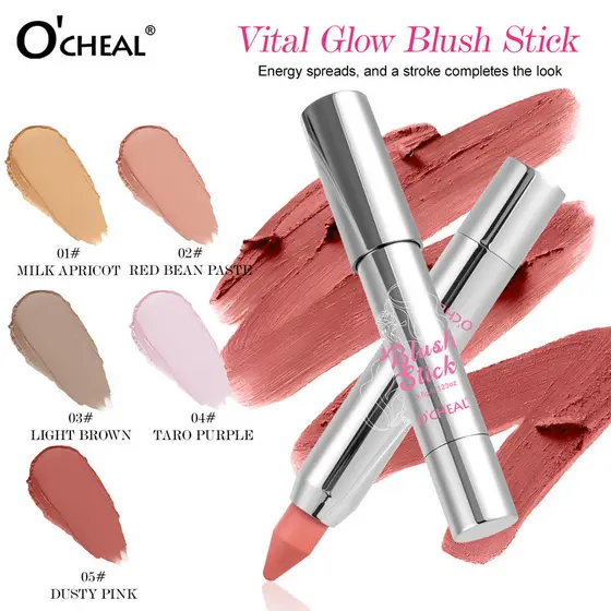 Blush Stick 5 cores, textura suave delicada, tão manchada, vitalidade brilhante, maquiagem de longa duração, pó não voad