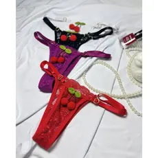 Kit 3 Tangas Fio Dental Rendadas Cereja Com Coração Em Metal