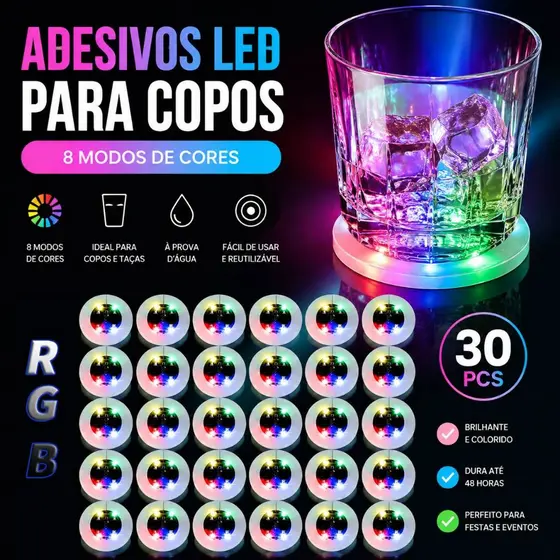 9.9 Preço Kit 20/30/40/50/80 Adesivo Led Base Luminosa P/ Garrafas E Copos Luz
