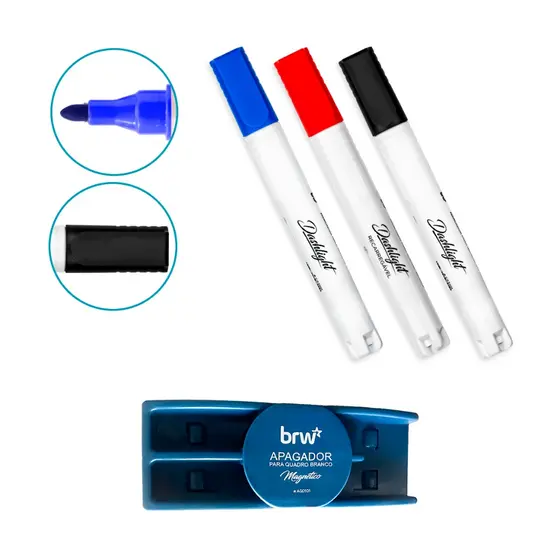 Kit 3 Canetas Marcadoras BRW 5mm Para Lousa e Quadro Branco com Apagador Magnético