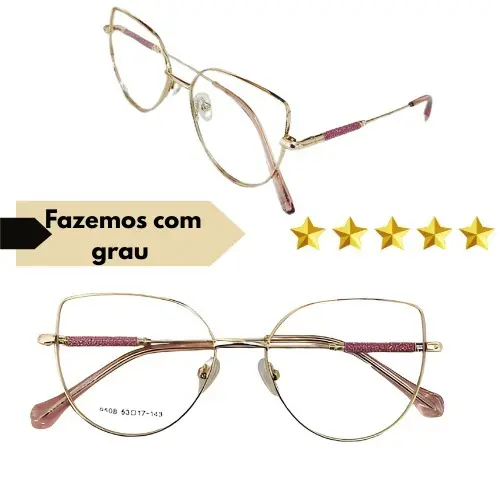Óculos Completo Armação Metal Feminina Gatinho Dourado Com Lentes Em Anti Reflexo Com Seu Grau
