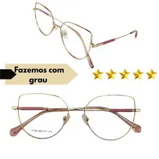 Óculos Completo Armação Metal Feminina Gatinho Dourado Com Lentes Em Anti Reflexo Com Seu Grau