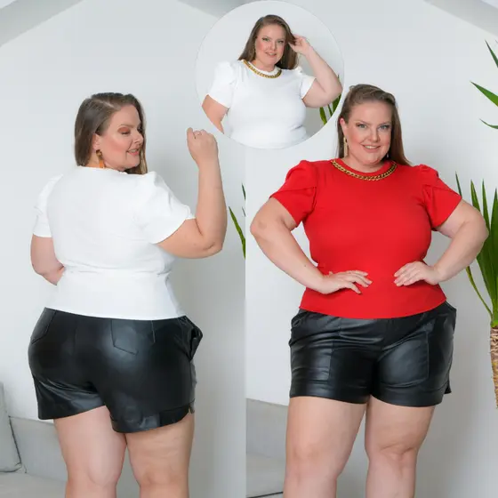 Blusa  feminina manga bufante princesa elegante com corrente canelada ribana