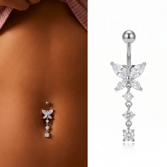 Piercing Umbigo Borboleta Cravejada Zircônias Feminino Aço Cirúrgico Acessórios Anti Alérgico Prata