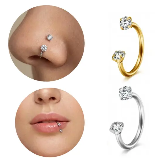 Piercing Zircônia Dupla Boca Nariz Hipoalergênico Aço Cirúrgico Helix Daith Tragus, Septo