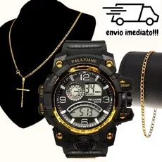 Kit Relógio Digital Esportivo Masculino + Corrente Cruz e Pulseira Aço Inoxidavel