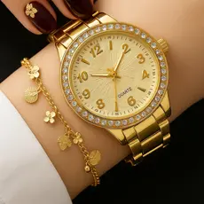 Kit Relógio Feminino Dourado Banhado a Ouro + Pulseira Original Dourada Aço Inoxidável
