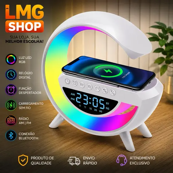 Luminária LED RGB Com Relógio Digital - Caixa de Som Bluetooth - Carregador Sem Fio - Rádio FM - Despertador - LMG Shop
