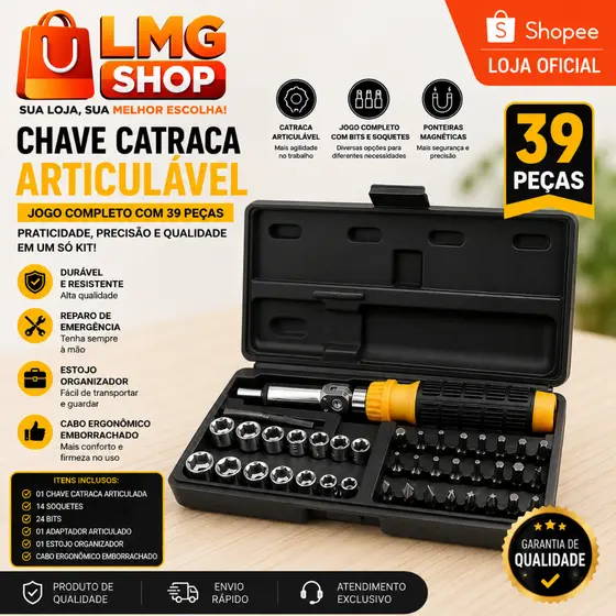 Kit Chave Catraca Articulável 39 Peças Profissional Com Bits e Soquetes Bomvink Ferramenta Multiuso - LMG Shop