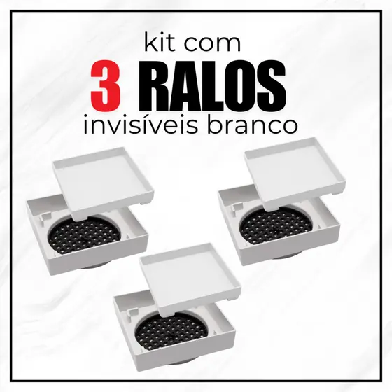 Kit com 3 Ralos Tampa Invisível SS Lares 10x10 – Branco ou Cinza – Design Moderno