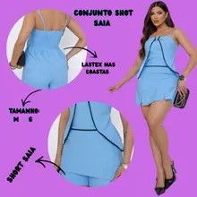 Conjunto Short Saia Peplum Lastex Alça Ajustável Roupa Moda Praia