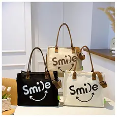 Bolsa Tote Casual De Grande Capacidade, Bolsa Transversal Com Estampa De Carinha Sorridente