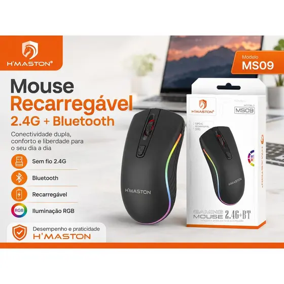 H‘MASTON MS17 Mouse Sem Fio Para Notebook Mouse Gamer Sem Fio Mouse Sem Fio Recarregável Mouse Gamer 2.4G+Bluetooth