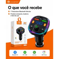 Transmissor Bluetooth Veicular FM H'MASTON com Carregamento Rápido 3,1A, PD, Viva-Voz, LED 7 Cores e Visor Digital
