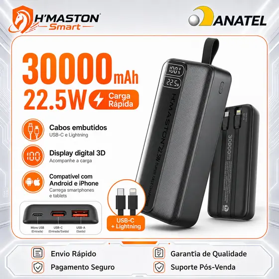 H'MASTON Power Bank Carregador Portátil 30000mAh 22.5W Carga Rápida com Cabos USB-C e Lightning Display Digital