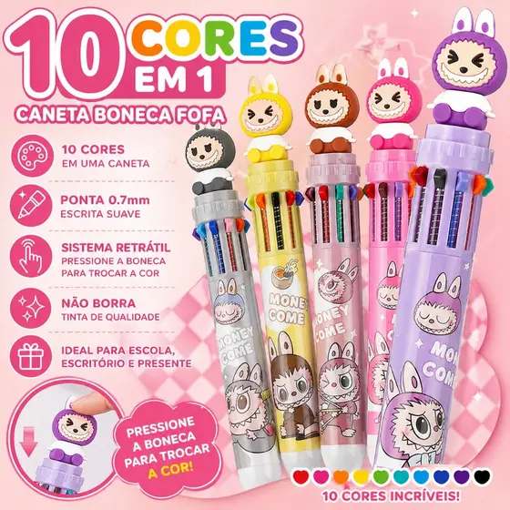 Caneta 10 Cores Conjunto de  3/6/9/12 Unidades Boneca Fofa 0.7mm Esferográfica Retrátil