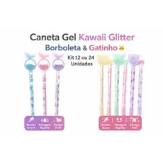 Kit de 12/24 Canetas Gel Kawaii Glitter Borboleta ou Gatinho 0.5mm Tinta Preta