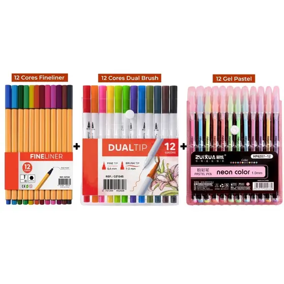 Kit Canetas Coloridas Ponta Fina 12 Cores + 12 Cores Dual Brush + 12 Gel Pastel ou Neon