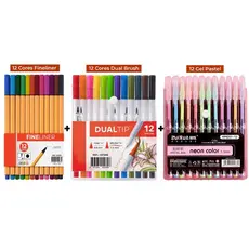 Kit Canetas Coloridas Ponta Fina 12 Cores + 12 Cores Dual Brush + 12 Gel Pastel ou Neon