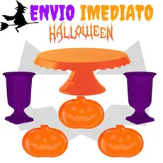 Kit Halloween - 1 Boleira Cake Slim + 2 Vaso Grego + 3 Bandeja Monstro Abobora  - Decoração - Festa - Halloween Novo