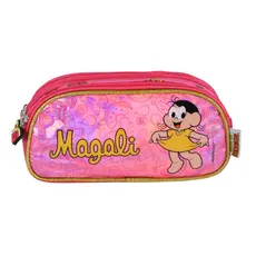 Estojo Da Magali Escolar Rosa 3  Bolsos Holográfico Luxcel Infantil Meninas Turma Da Mônica