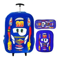 Kit Completo Mochila Escolar Infantil Rodinhas Carros Alto Relevo 3D Lancheira Estojo Voltas Aulas