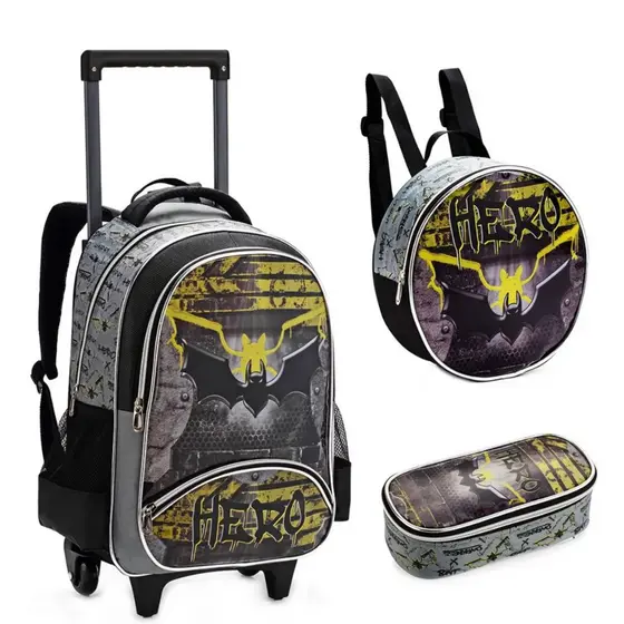 Kit Completo Mochila de Menino Resistente Escolar Rodinhas Infantil Batman Lancheira e Estojo Duplo