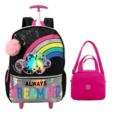 Kit Mochila Rodinhas Escolar Meninas Brilho Paete Dreaming Arco-ìris Com Lancheira Térmica SVG Rosa