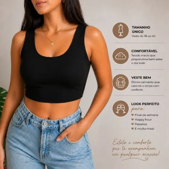 Cropped Feminino Básico com Bojo Decote em U Alça Reforçada Confortável Tamanho Único