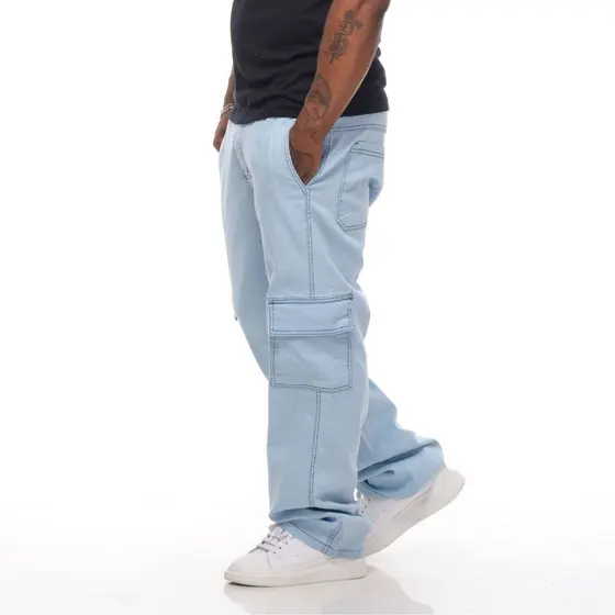 Calça Masculina Cargo Jeans Saja Escura Claro Elástico Cordão Skatista