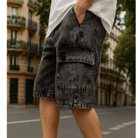 Bermuda Cargo Masculina Jeans Estonado Baagy Streetwear Solta Casual com Bolsos Grandes Cintura Codao P AO GG