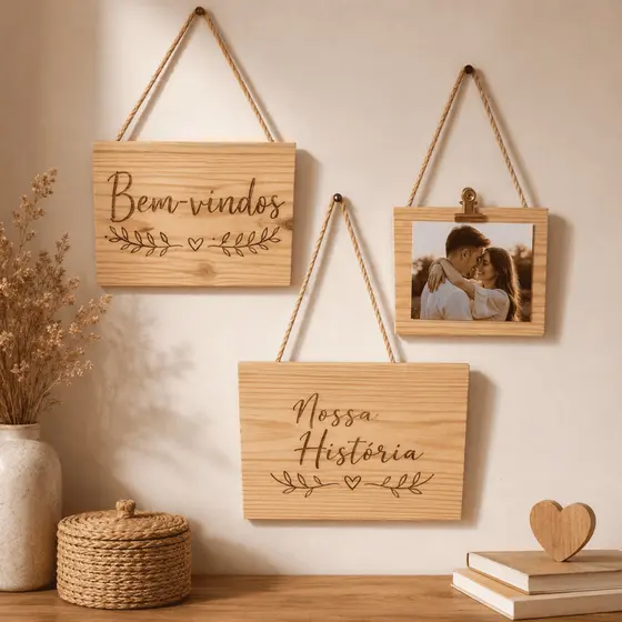Kit 3 Plaquinhas Madeira Pinus Com Corda Sisal Para Personalizar Foto Frase Trilha Pousada Loja Decoração Rústica