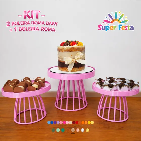 Kit 1 Boleira Roma 23cm e mais 2 Boleiras Roma Baby 18cm para Festa e Decoração