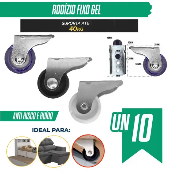 Kit 10 Rodinha Anti-Risco Gel Móveis Rodízio Gel Reforçado S/ Trava P/ Armário Estante Sofá Bicama