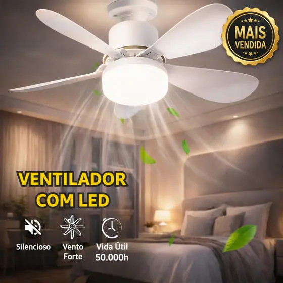 Ventilador de Teto com Luminária LED e Controle Remoto – Silencioso e Fácil de Instalar - 42 cm