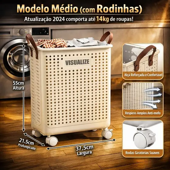 Cesto de Roupa moderno com Rodinhas e Alças cinza em Couro – Ventilado, Dobrável e Super Prático M
