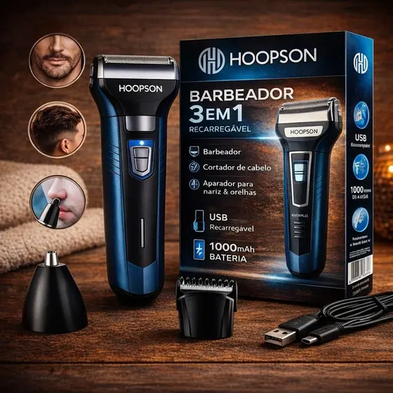 Máquina de Cortar Cabelo Recarregável 3 em 1 – Aparador Elétrico Barba, Nariz e Corpo