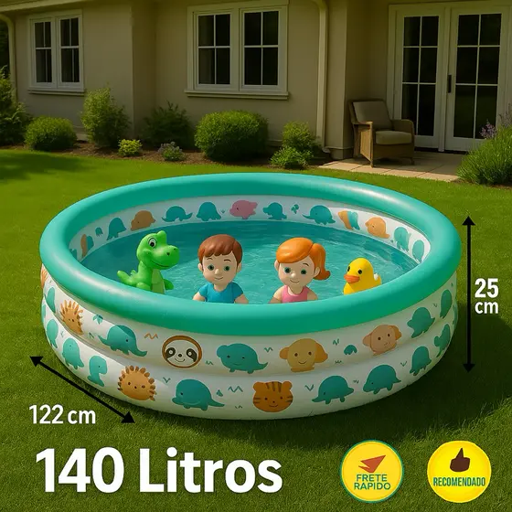 Piscina Inflável Infantil com Estampa de Animais - Diversão Garantida no Verão 140  Litros