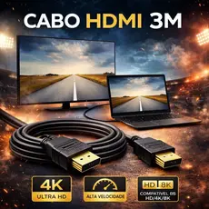 Cabo HDMI 3 Metros Preto Alta Qualidade Full HD para TV Monitor PC Notebook PS4 PS5