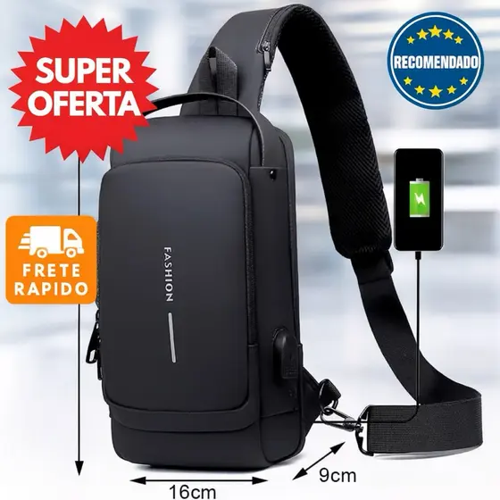 Bolsa Pochete Transversal COR: PRETA Antifurto com Cadeado Impermeável Tecido Liso Unissex Casual