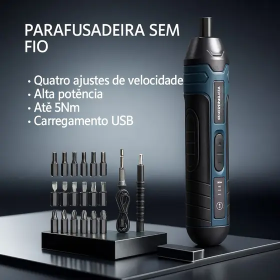 Parafusadeira Elétrica Recarregável com LED + Kit de Pontas 4 Velocidades 1300mAh USB – Preta e Azul