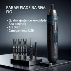 Parafusadeira Elétrica Recarregável com LED + Kit de Pontas 4 Velocidades 1300mAh USB – Preta e Azul