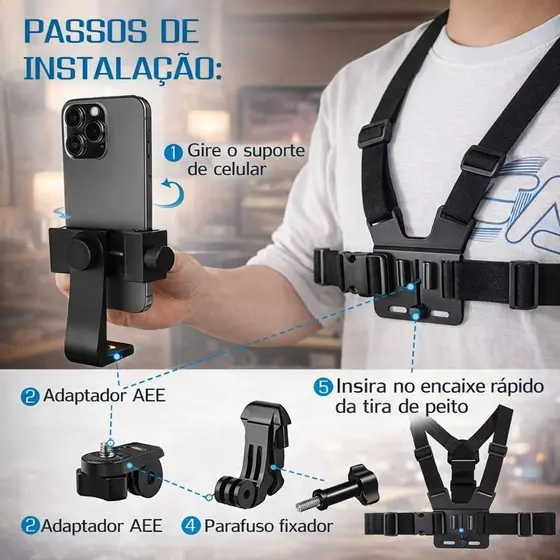 Suporte Peitoral Ajustável para Celular GoPro Gravação em Primeira Pessoa Mãos Livres p/Moto e Bike