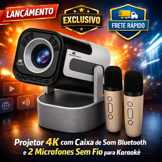 Projetor 4K C/ Caixa de Som 2Microfones Sem Fio Recarregáveis Karaokê WiFi 5G Bluetooth 5.0 até 300”
