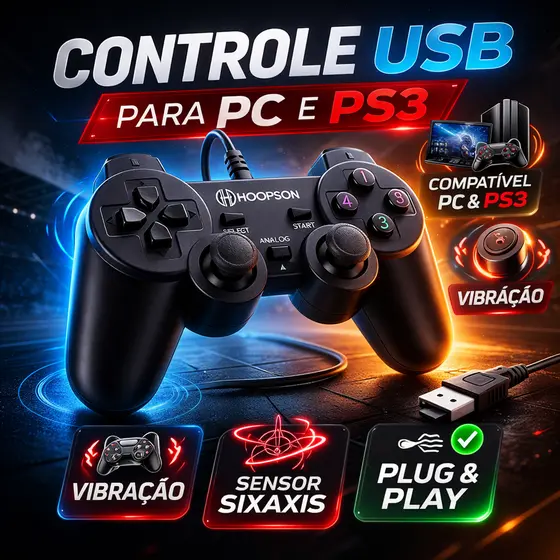 Controle USB Analógico DualShock com Vibração + Sensor de Movimento (PS3 e PC)