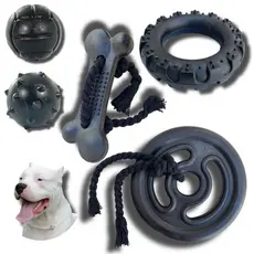 Kit 05 Brinquedos Pet Mordedores Para Cachorro Osso + Pneu + Anilha com Corda Grande + Bola Cravo + Lisa