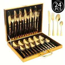 Jogo Talheres 24 Peças Faqueiro Dourado Aço Inox Premium Luxo Com Maleta