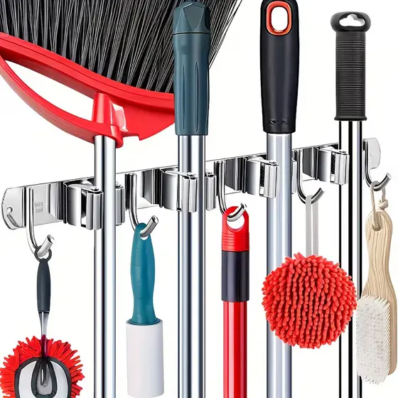 Suporte Inox De Parede 4 ou 5 Ganchos Porta Vassoura Mop Rodo Utensílios de Limpeza